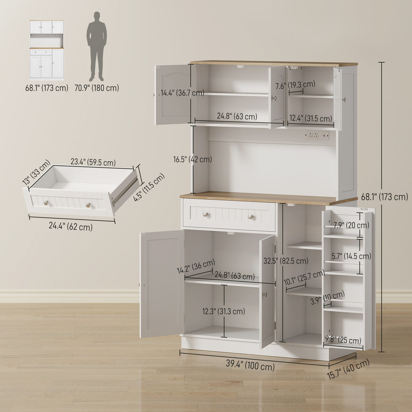 68" Pantry Cabinet with Charging Station, Kitchen Storage Cabinet with Microwave Stand, 4 Door Racks, White