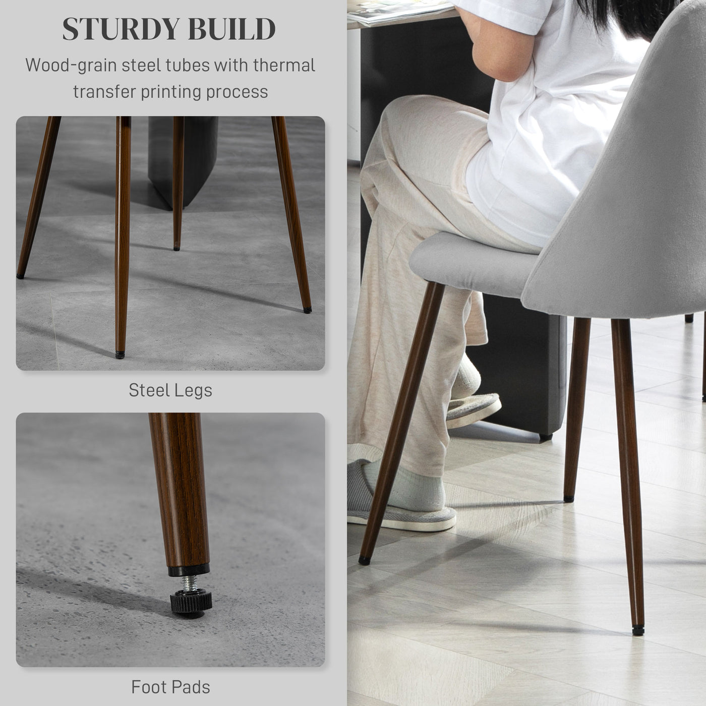 Upholstered Dining Chairs Set of 6, Velvet Accent Chair with Back and Wood-grain Steel Leg for Kitchen, Grey
