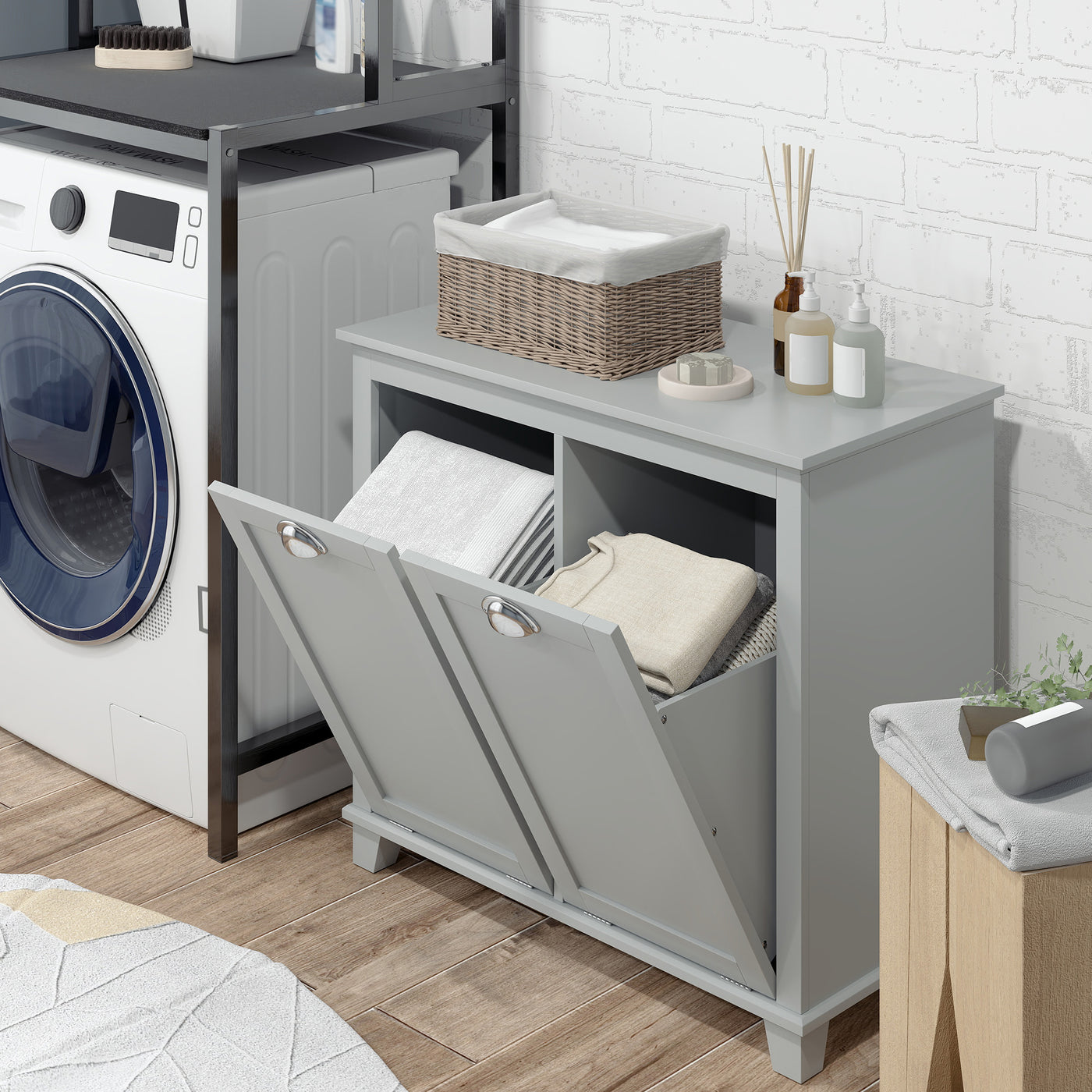 Tilt-Out Laundry Storage Cabinet, Bathroom Storage Organizer with Two-Compartment Tilt Out Hamper, Grey