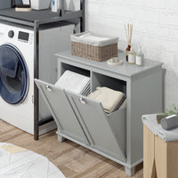 Tilt-Out Laundry Storage Cabinet, Bathroom Storage Organizer with Two-Compartment Tilt Out Hamper, Grey
