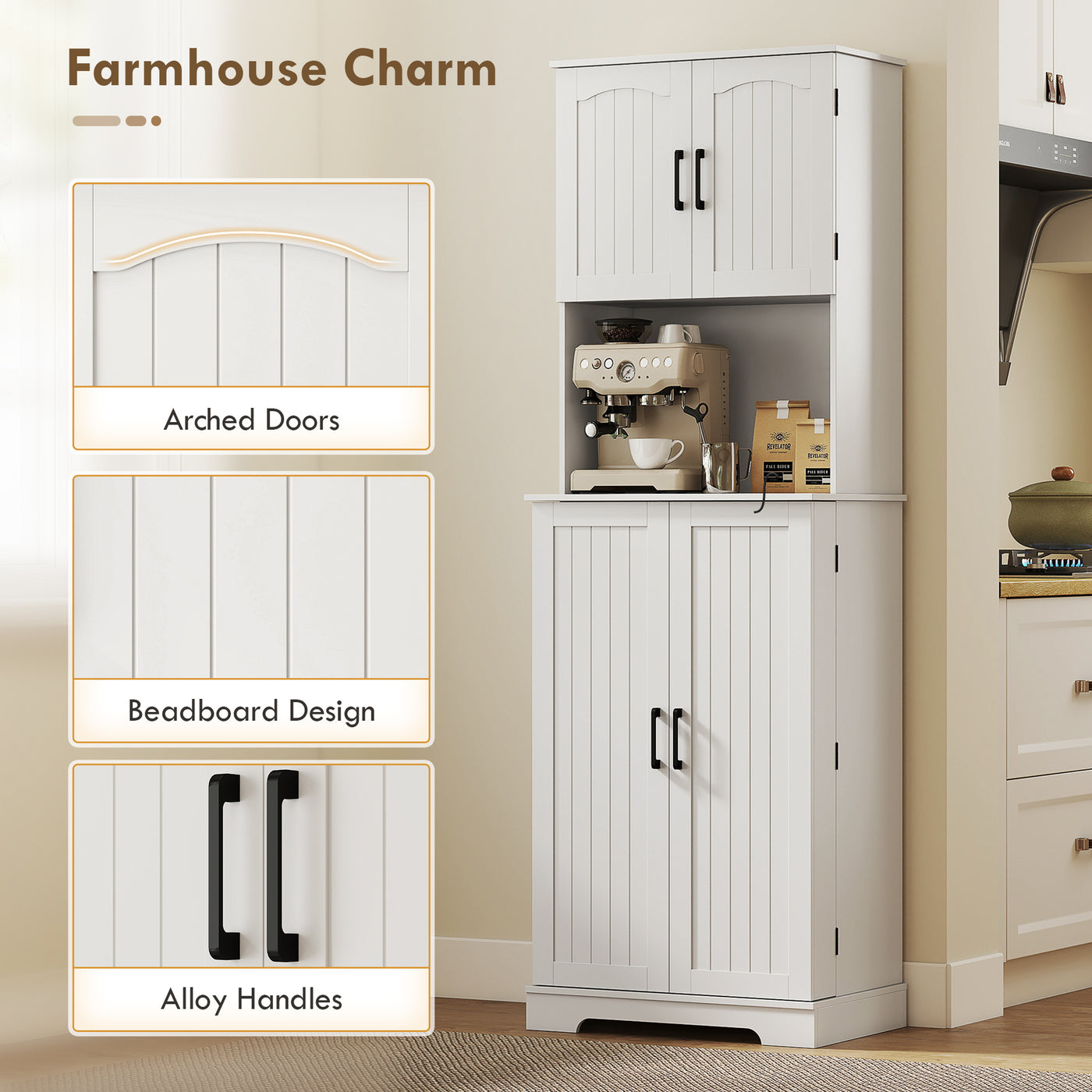 71.5" Tall Pantry Cabinet, Farmhouse Kitchen Storage Cabinet with Adjustable Shelves, 8 Door Spice Racks, White