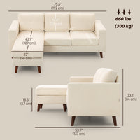 Sectional Sofa with Changeable Chaise Lounge, 3 Seat L-Shaped Sofa, Upholstered Couch for Small Space, Cream White