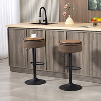 Set of 2 Barstools with Storage, Swivel Bar Stools with PU Leather Upholstered, Footrest, Steel Base, Brown