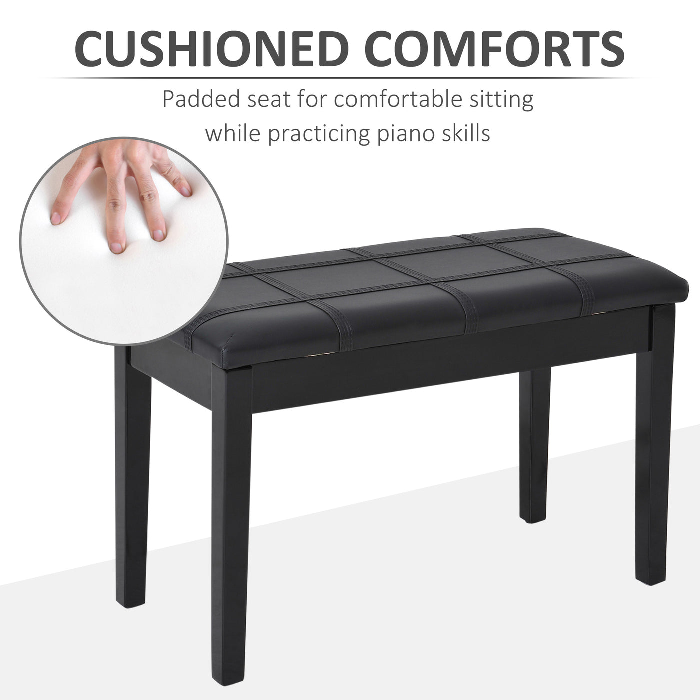 Classic Piano Bench Stool, PU Leather Padded Keyboard Seat with Rubber Wood Legs and Music Storage Compartment, Banded Seat, Black
