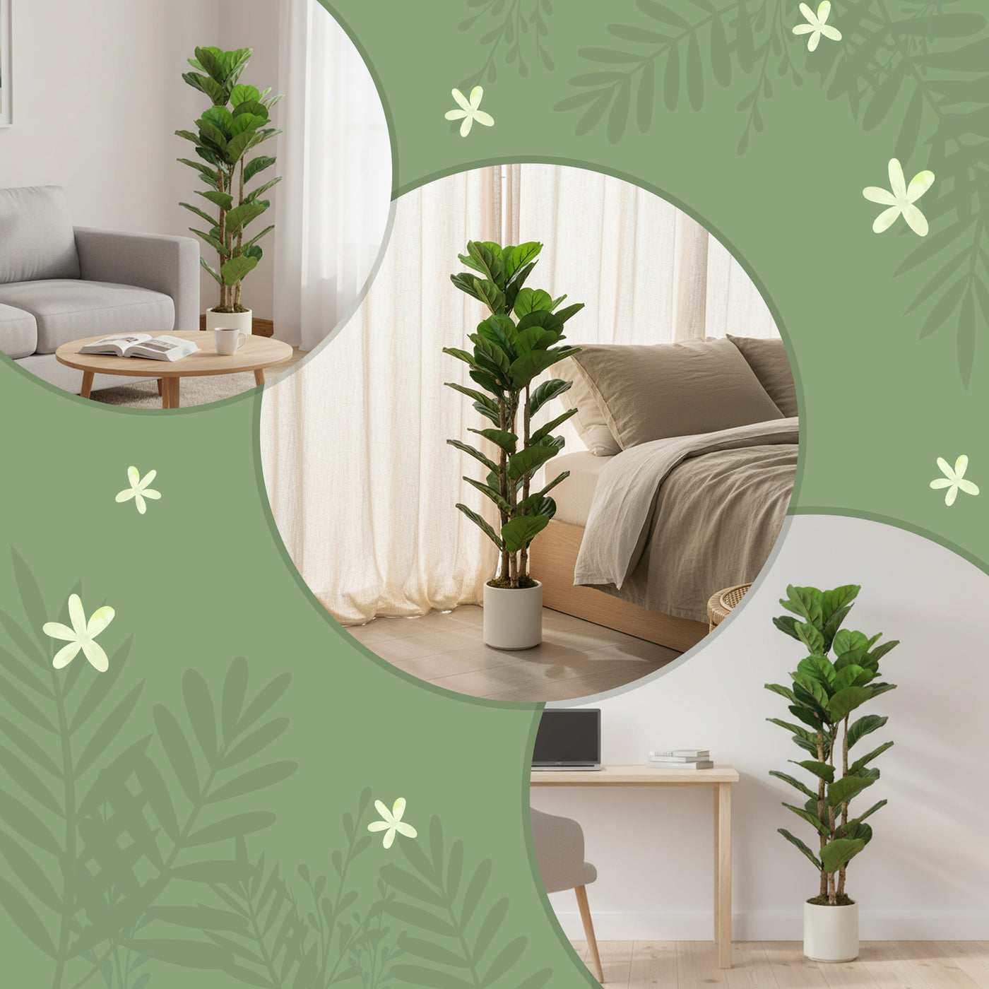 4FT Artificial Fiddle Leaf Fig Tree, Fake Potted Tree with Solid Wood Trunks and Lifelike Leaves for Indoor Decor, Green