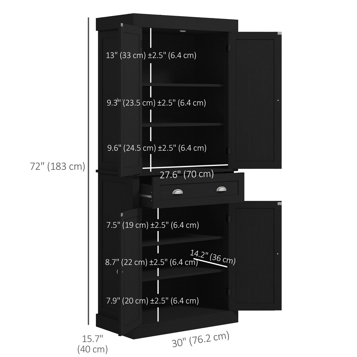 72" Tall Pantry Cabinet, Kitchen Storage Cabinet with 4 Doors, Drawer and 2 Adjustable Shelves, Black Wood Grain