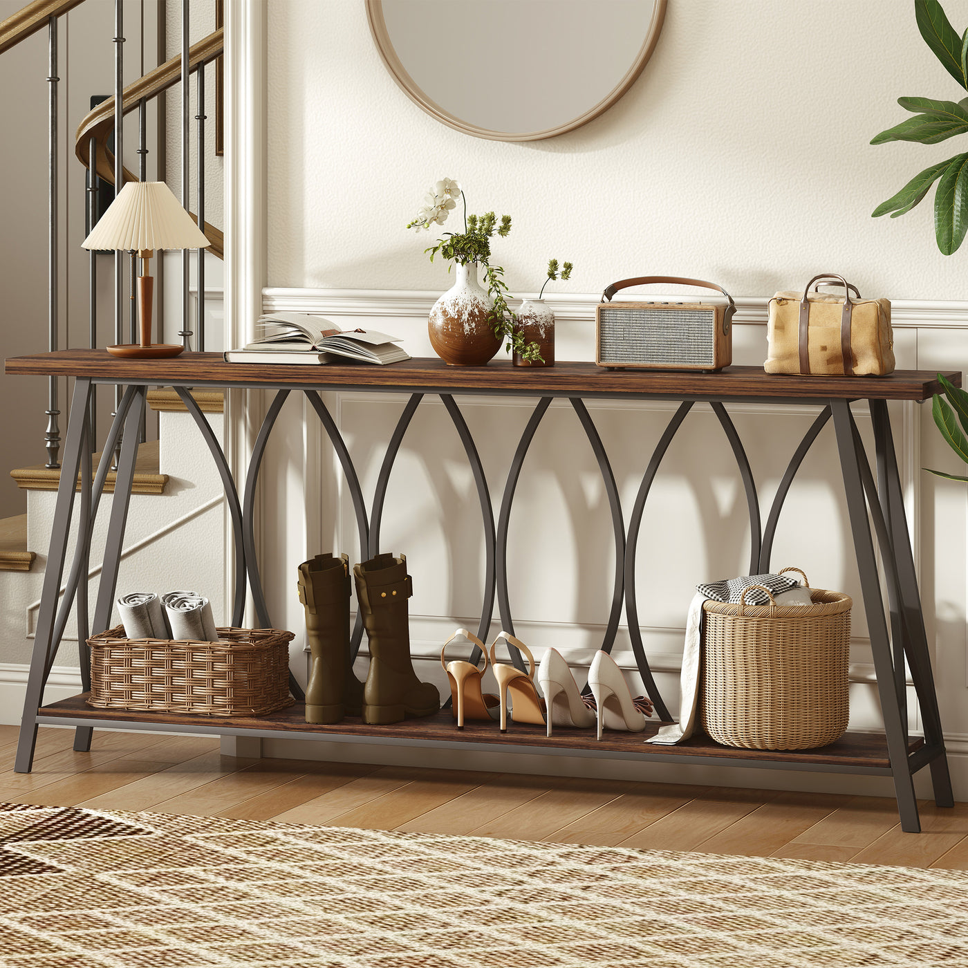 71" Console Table, Industrial 2-Tier Narrow Entryway Table with Metal Frame for Living Room, Hallway, Rustic Brown