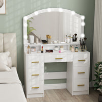 Makeup Vanity with Mirror and 10 LED Lights, 3 Colour Adjustable, Dressing Table with 7 Drawers, 3 Compartments, White