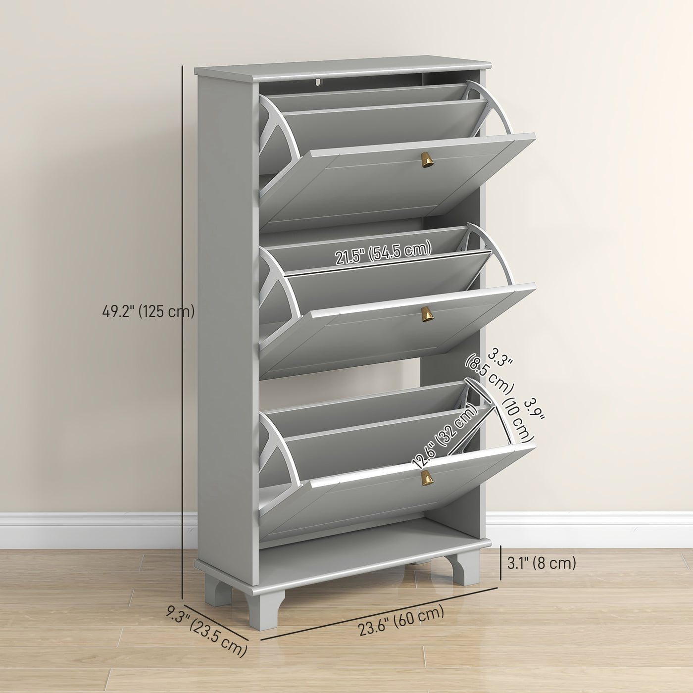 Narrow Shoe Storage with 3 Flip Drawers and Adjustable Shelves, Shoe Cabinet Organizer for 12 Pairs of Shoes, Grey