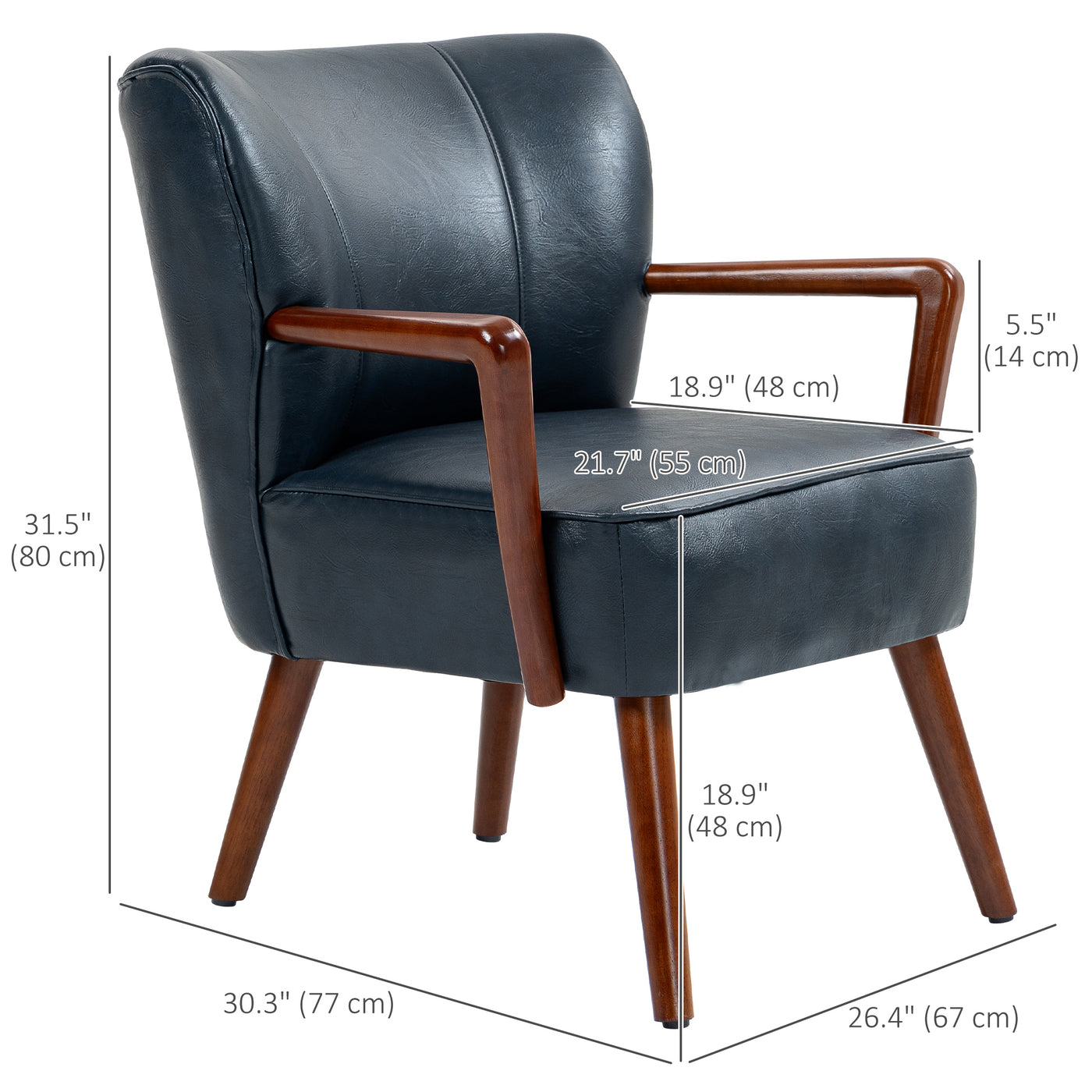 Accent Chair, Modern Armchair, Faux Leather Upholstered Living Room Chair with Wood Legs and Wide Padded Seat, Blue