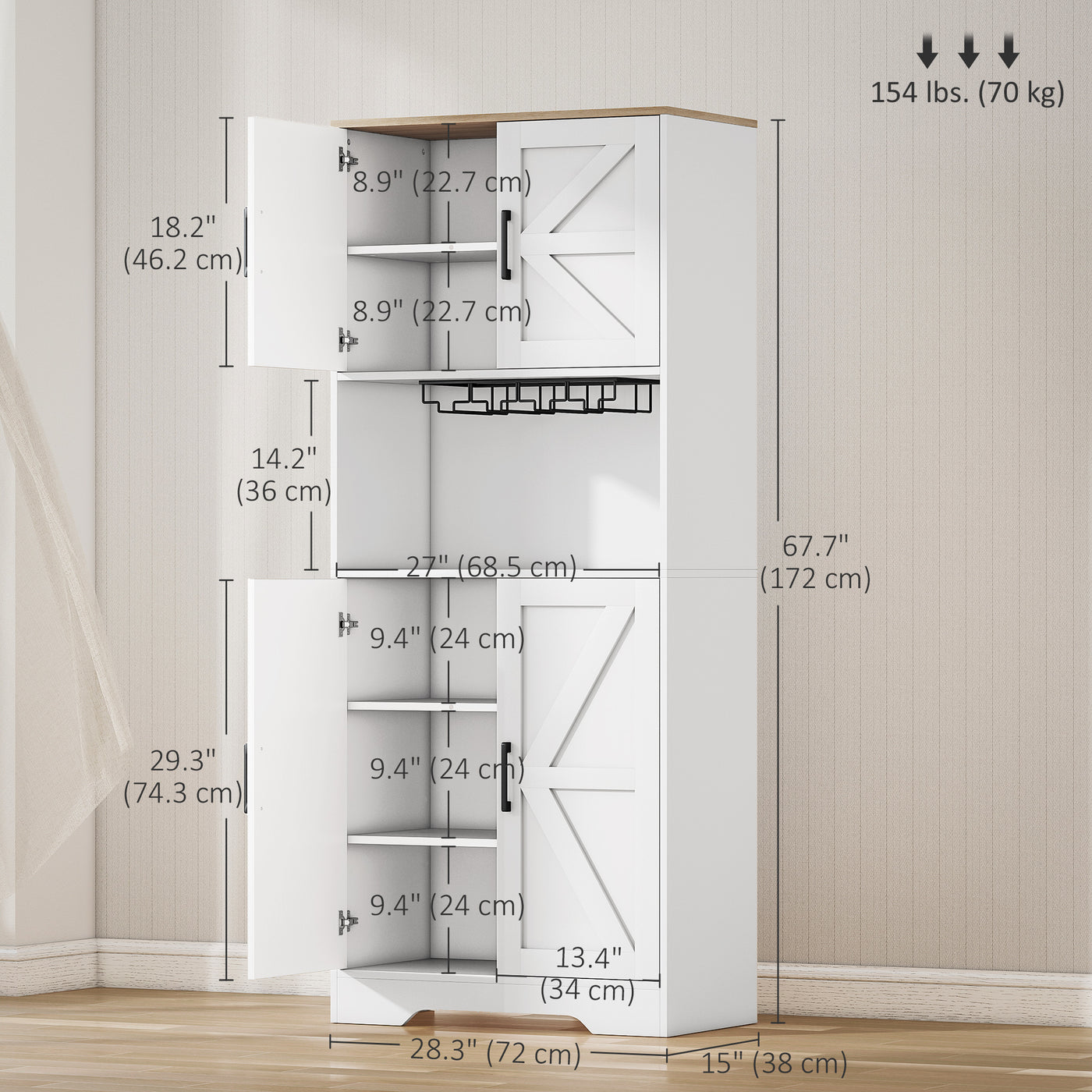 Farmhouse Kitchen Pantry, 68" Freestanding Hutch Storage Cabinet with Microwave Oven Countertop, White