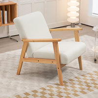Mid-Century Modern Accent Chair Retro Fabric Armchair Wooden Arm Upholstered Lounge Chair for Living Room Cream White
