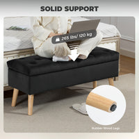 Storage Ottoman with Lid, Velvet Upholstered Storage Bench with Wood Legs for Living Room, Black