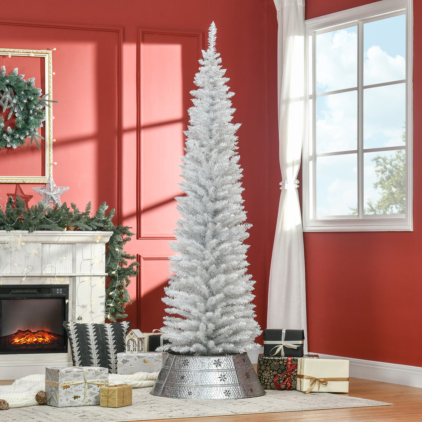 7' Pencil Christmas Tree, Slim Artificial Xmas Tree with Realistic Branches, Sturdy Metal Stand, White