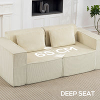 Boneless Couch, Corduroy 3 Seater Sofa with Deep Seat, Wide Armrests, 2 Pillows, Quick Assembly for Living Room, Beige