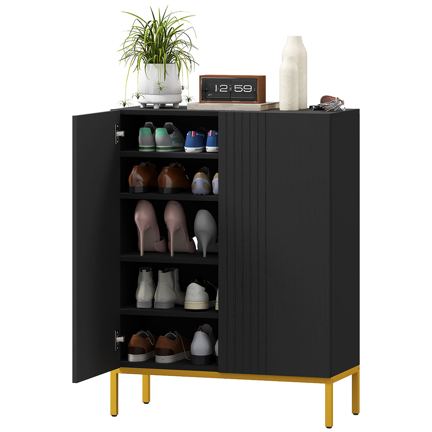 Shoe Storage Cabinet with Adjustable Shelves and Soft-Close Hinges, for 15-20 Pairs of Shoes, Black