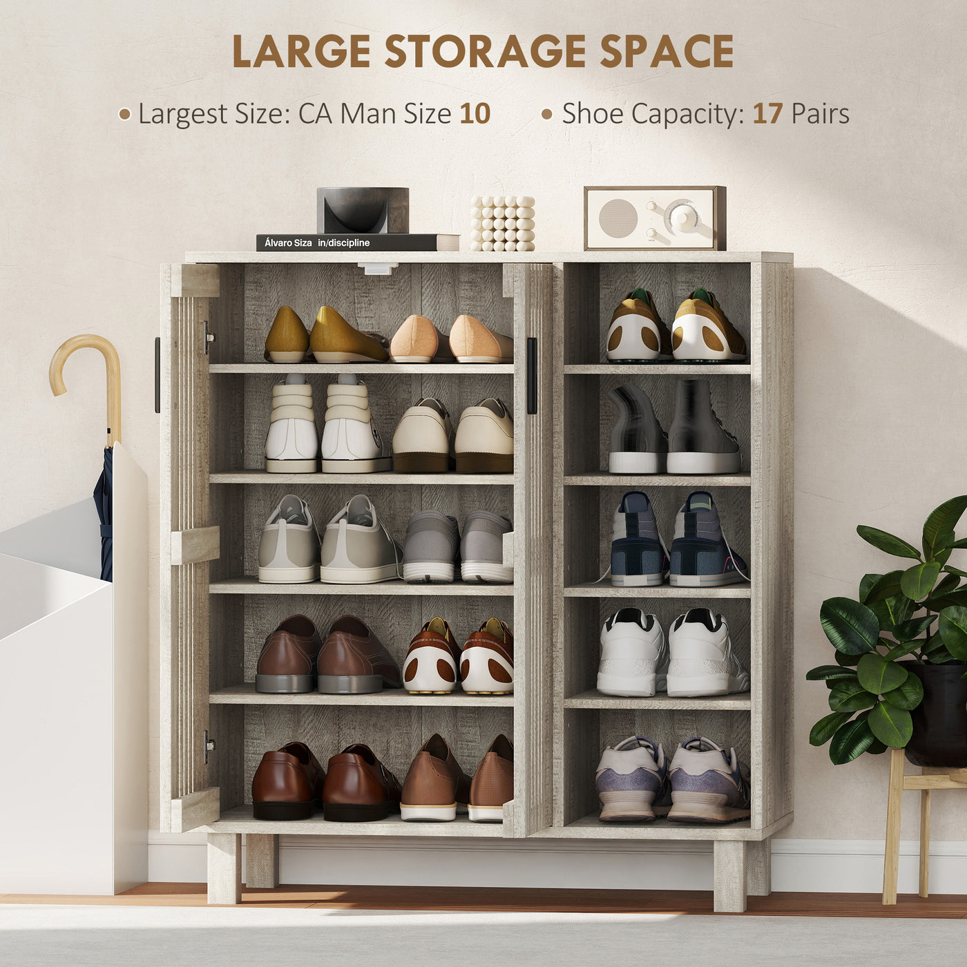 Shoe Storage with Double Doors and Open Shelves 17 Pair Shoe Storage Organizer for Entryway Hallway Light Grey