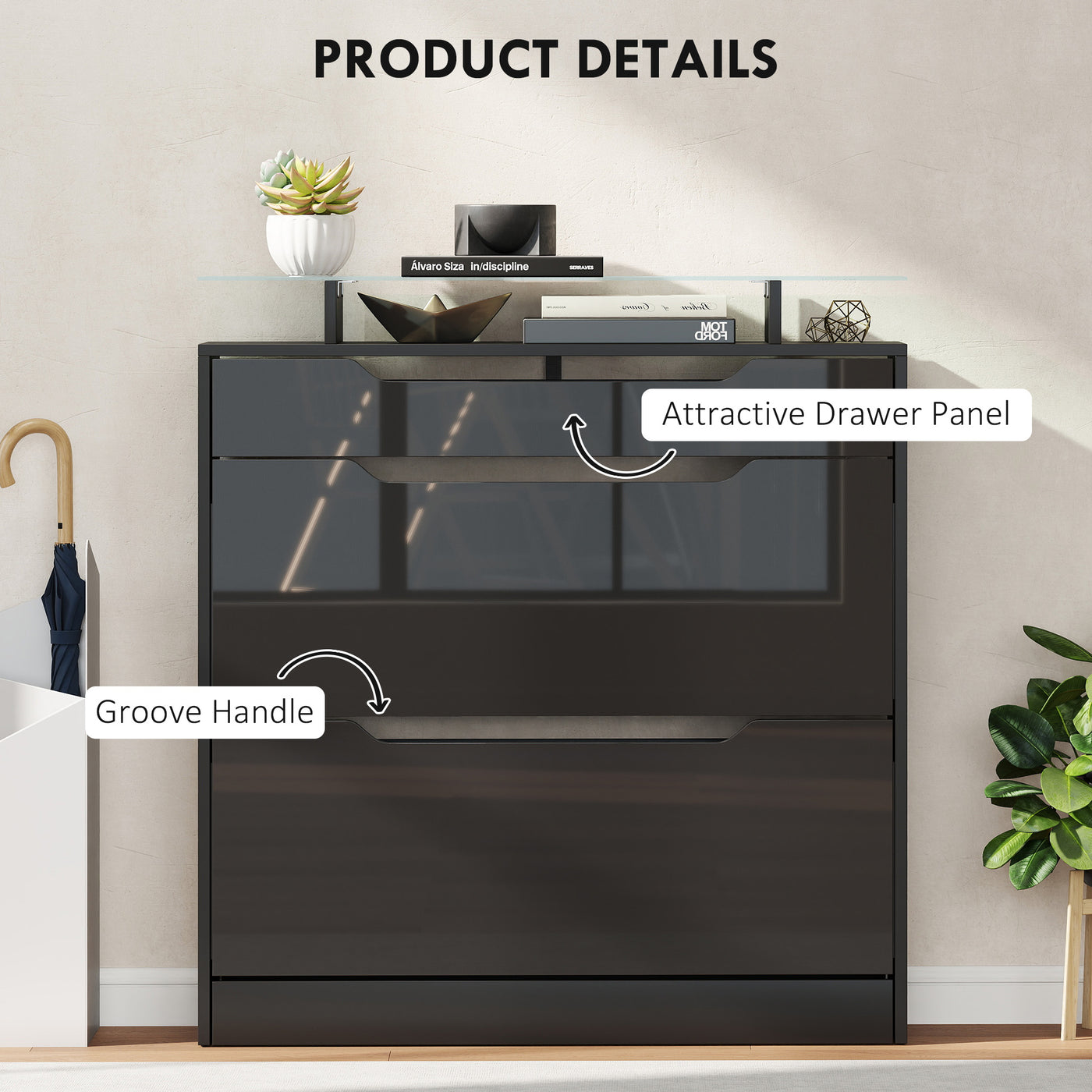 High Gloss Shoe Cabinet with 2 Flip Drawers and Adjustable Shelves, Narrow Shoe Storage Cabinet with Glass Top, Black