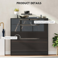 High Gloss Shoe Cabinet with 2 Flip Drawers and Adjustable Shelves, Narrow Shoe Storage Cabinet with Glass Top, Black