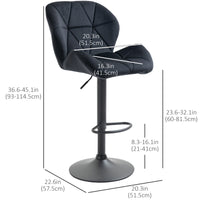 Bar Stool Set of 2 Fabric Adjustable Height Armless Upholstered Counter Chairs with Swivel Seat, Black