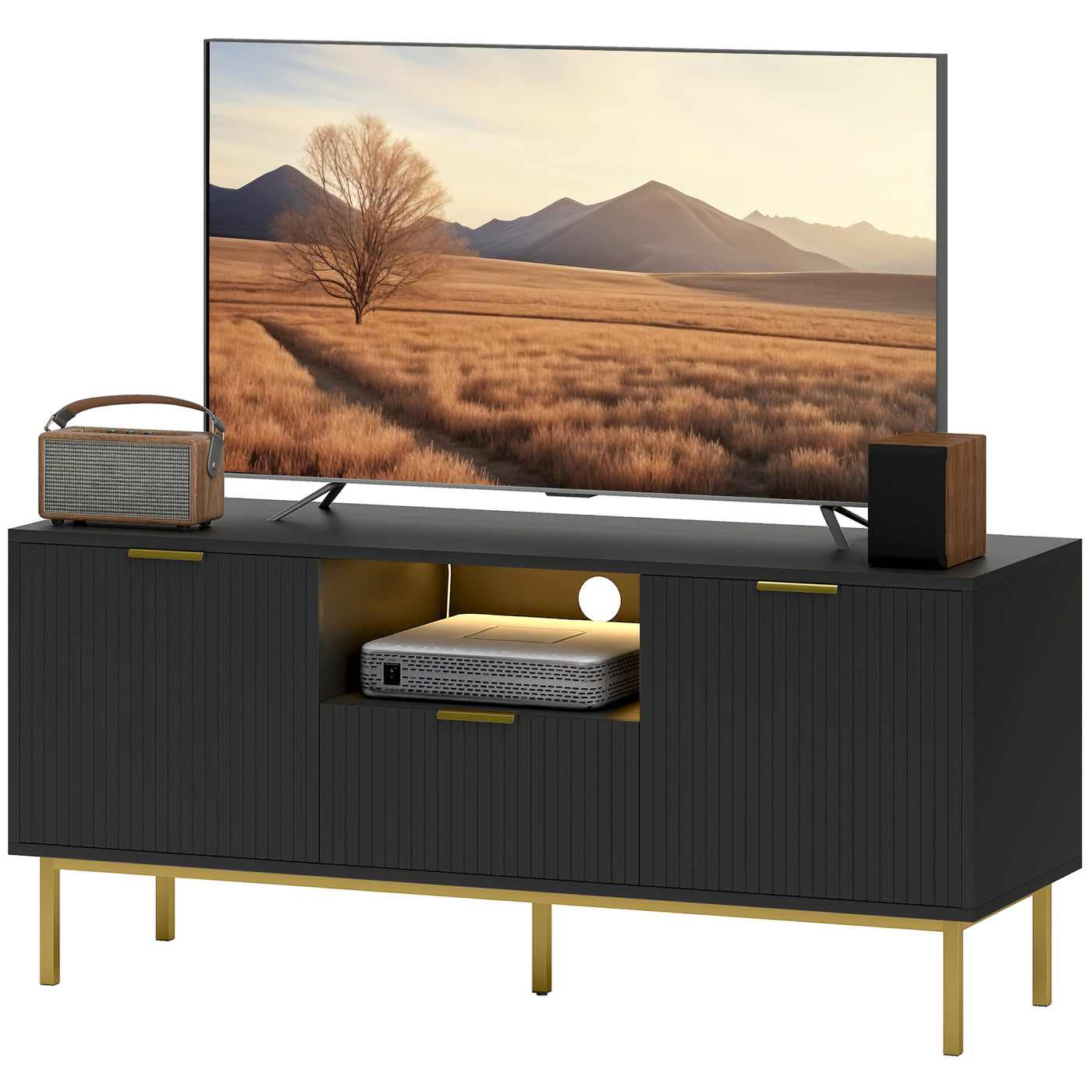 Modern TV Console for TVs up to 50 Inch, Entertainment Center with Smart RGB LED Lights and Soft Close Doors, Black