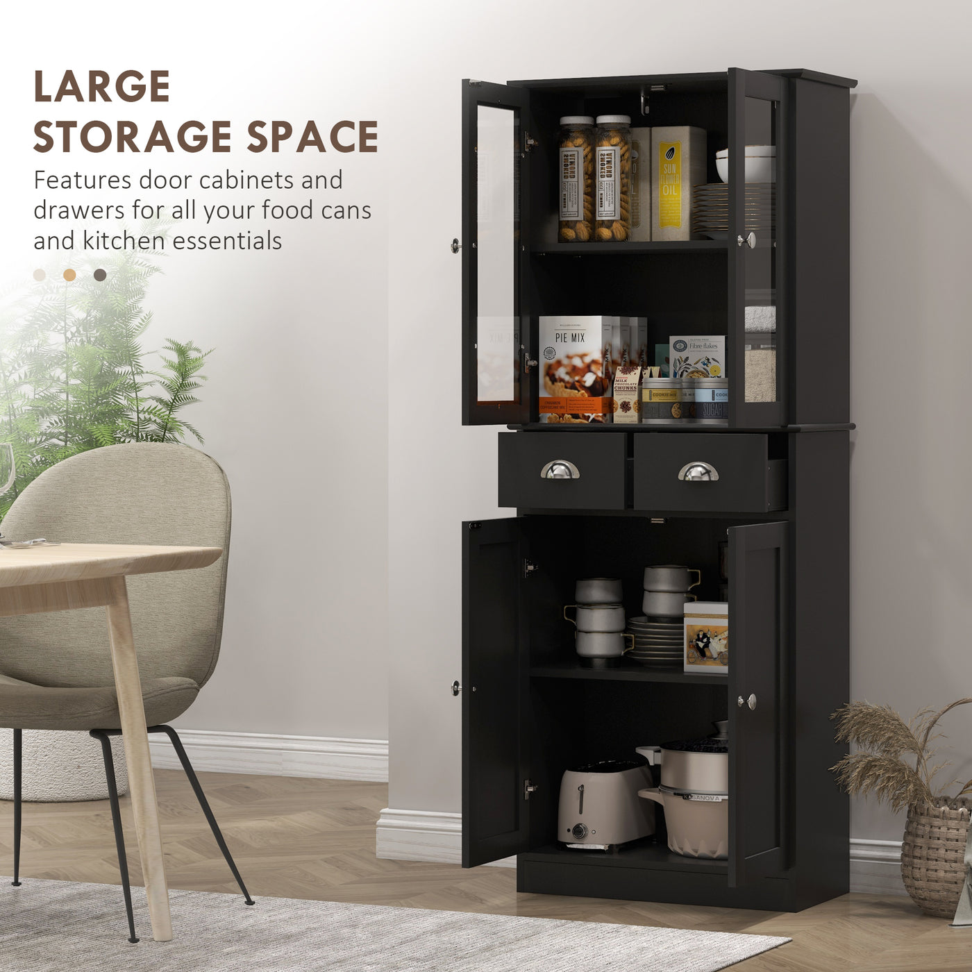 61" Kitchen Pantry Cabinet, Freestanding Farmhouse Buffet Storage Cabinet with Soft Close Glass Doors and Adjustable Shelves, Black