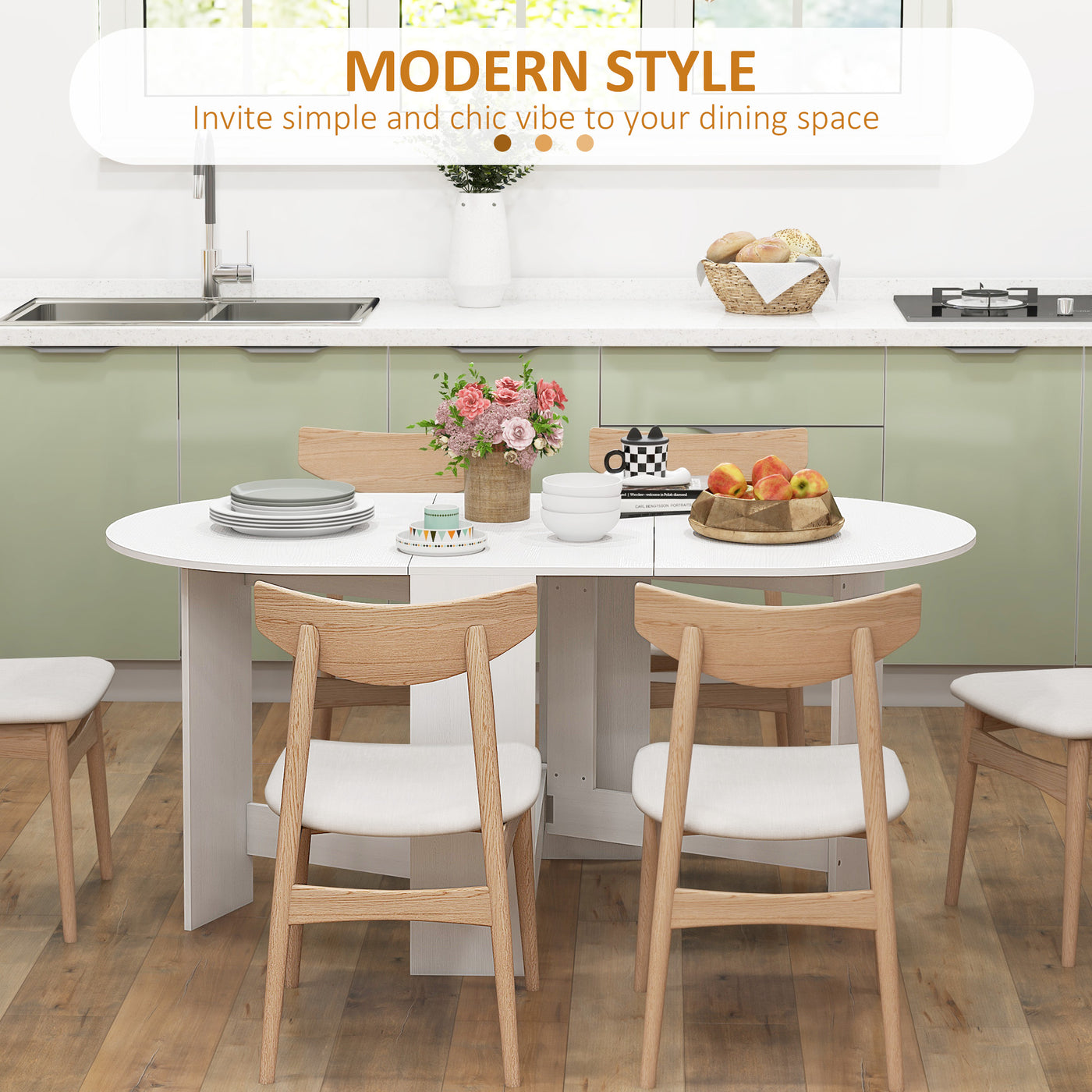 Oval Folding Dining Table, Space Saving Drop Leaf Kitchen Table for Dining Room, Living Room, Distressed White
