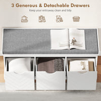 Shoe Storage Bench, Linen-Look Entryway Bench with 3 Removable Drawers and Padded Seat Cushion for Hallway, White