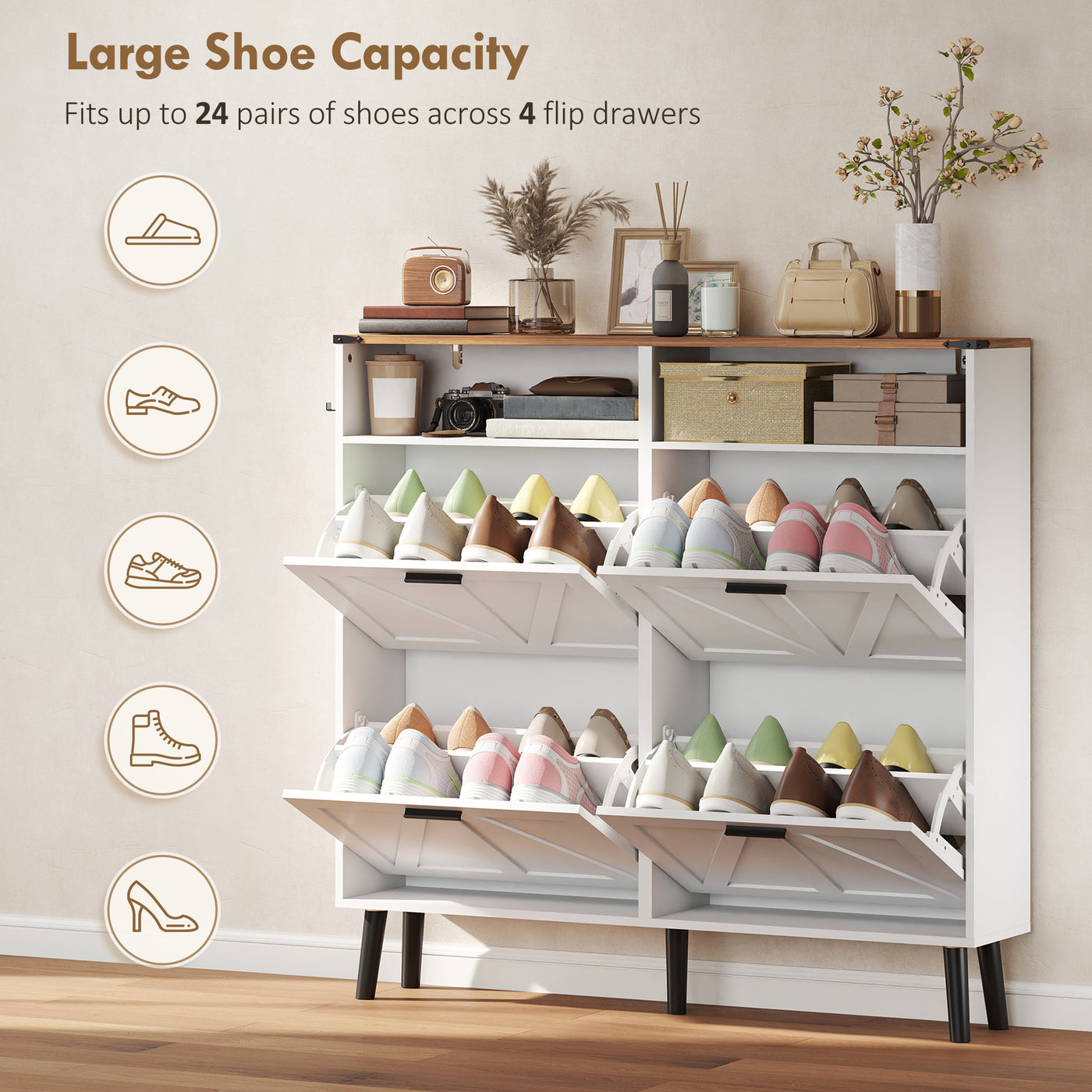 Shoe Storage Cabinet with 4 Flip Drawers, Farmhouse Narrow Shoe Cabinet, Holds Up to 24 Pairs, White