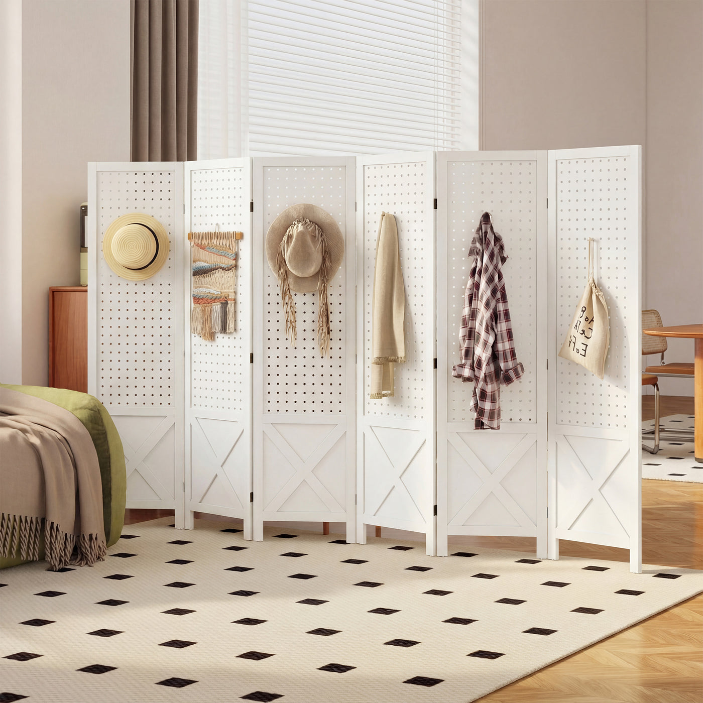 56.9" 6 Panel Wooden Room Divider with Pegboard Display, Folding Privacy Screen for Home Office, White