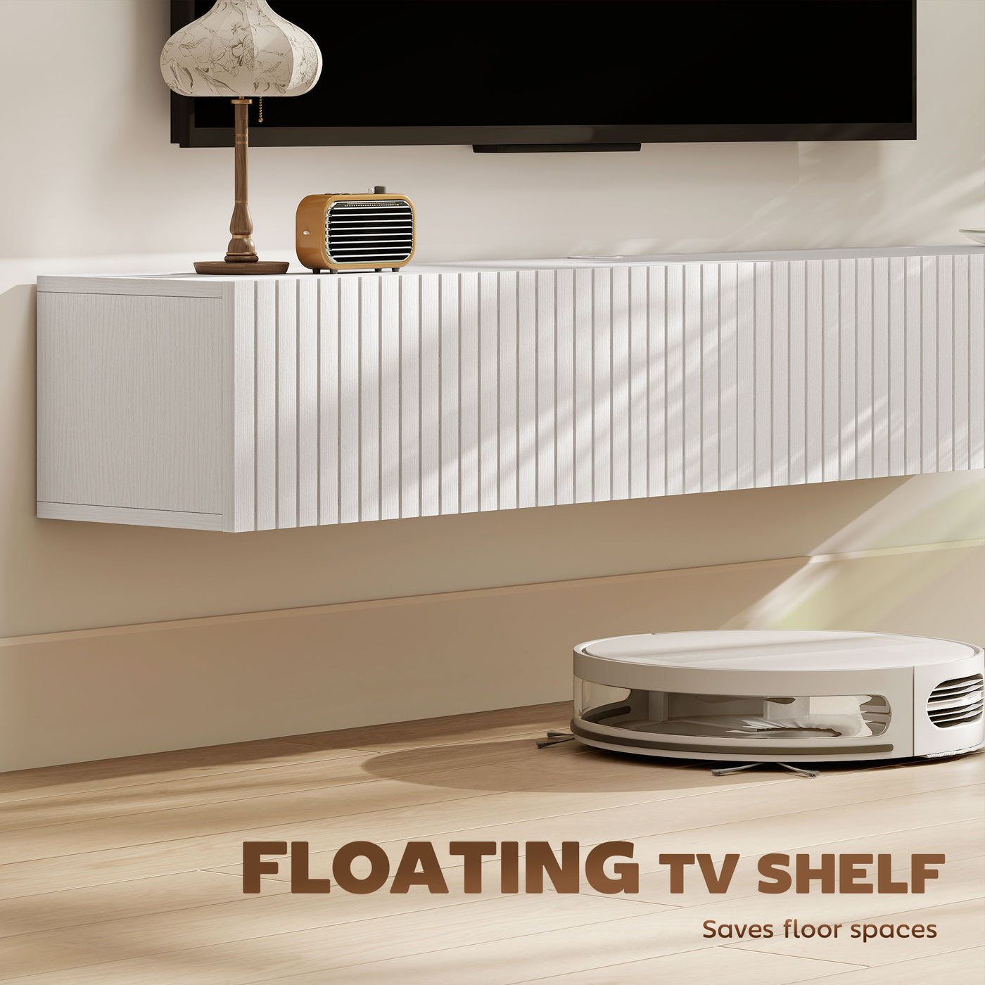 55" Floating TV Stand for TVs up to 72 Inch, Wall Mount Media Console with 2 Fluted Flip-Down Doors, Cable Hole, White