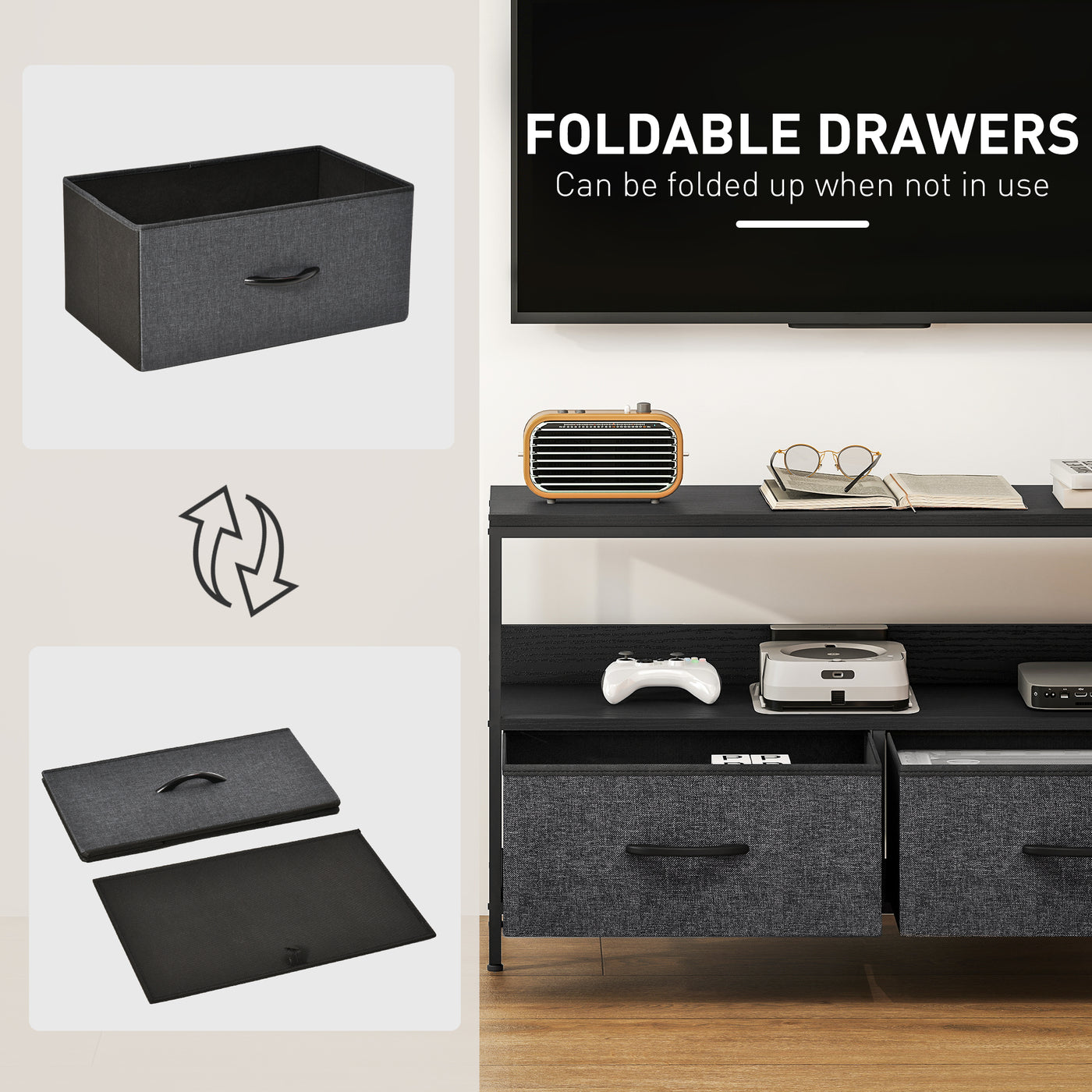 TV Stand with Charging Station, TV Table with 2 Foldable Linen Drawers and Open Shelf for 47 Inch Television, Black