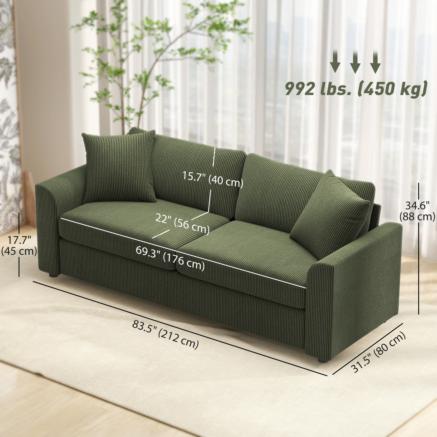 3 Seater Sofa, 83.5" Modern Upholstered Couch with Pocket Spring and 2 Scatter Cushions for Living Room, Green