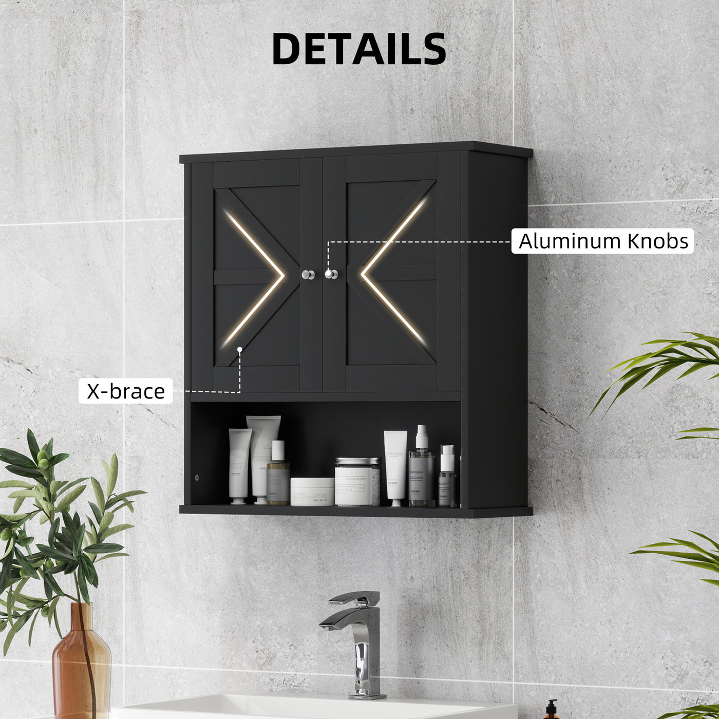 Farmhouse Bathroom Medicine Cabinet, Wall Cabinet with Barn Doors, and Adjustable Shelf for Laundry Room, Black