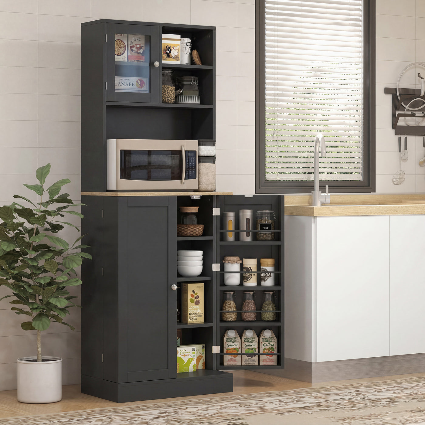 66.5" Tall Kitchen Pantry Cabinet, Kitchen Hutch, Microwave Cabinet with Adjustable Shelves for Dining Room, Black