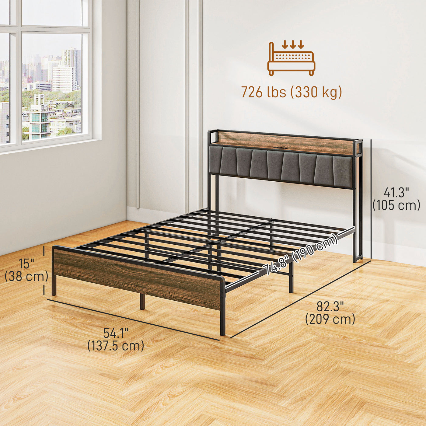 Full Size Bed Frame with Charging Station, Full Bed Frame with Upholstered Headboard and Storage Shelf, Walnut