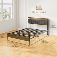 Full Size Bed Frame with Charging Station, Full Bed Frame with Upholstered Headboard and Storage Shelf, Walnut