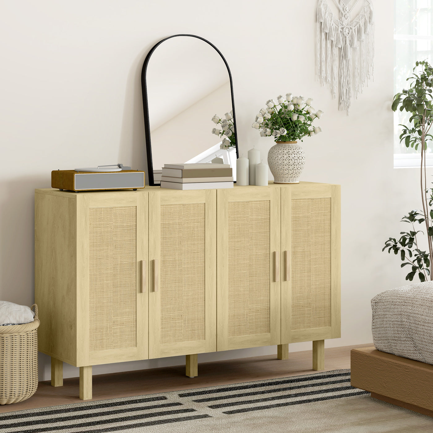 Boho Sideboard Buffet Cabinet, Storage Cabinet with 4 Rattan Doors and Adjustable Shelves, Natural