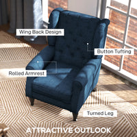 Button Tufted Accent Chair for Living Room - Upholstered Wingback with Wood Legs, Rolled Arms, Thick Padding, Blue