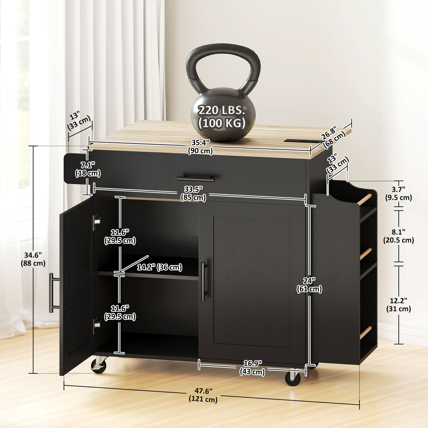 Kitchen Island with Storage, Rolling Kitchen Cart with Foldable Drop Leaf, Power Outlet and USB Ports, Black