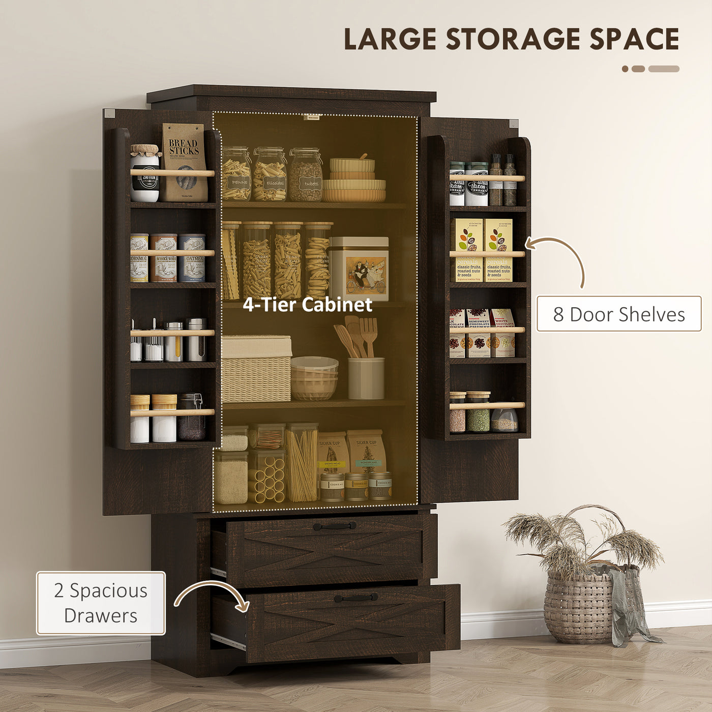 Farmhouse Kitchen Pantry Storage Cabinet, 64" Freestanding Kitchen Pantry Cabinet with Drawers, Distressed Dark Brown