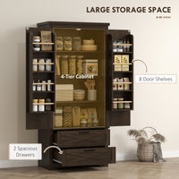 Farmhouse Kitchen Pantry Storage Cabinet, 64" Freestanding Kitchen Pantry Cabinet with Drawers, Distressed Dark Brown