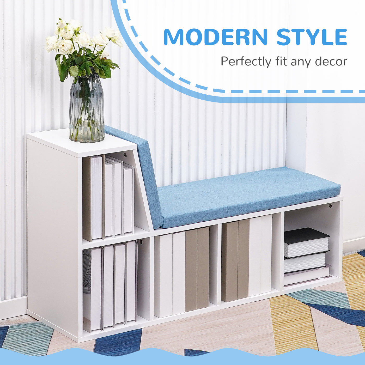 Multi-Purpose Bookshelf with 5 Cubes, 5-Cubby Bookcase with Cushioned Reading Nook and Storage Shelves, Blue