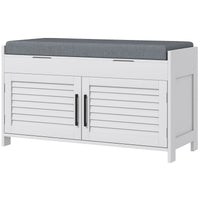 Entryway Bench with Cushion, Hidden Storage, Adjustable Shelves and Shutter Doors, 35.4" Shoe Bench, White