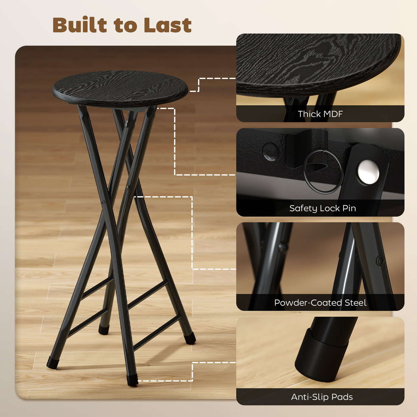 Set of 2 Foldable Barstools, Counter Height Bar Stools with Footrest and Steel Legs for Kitchen Island, Black