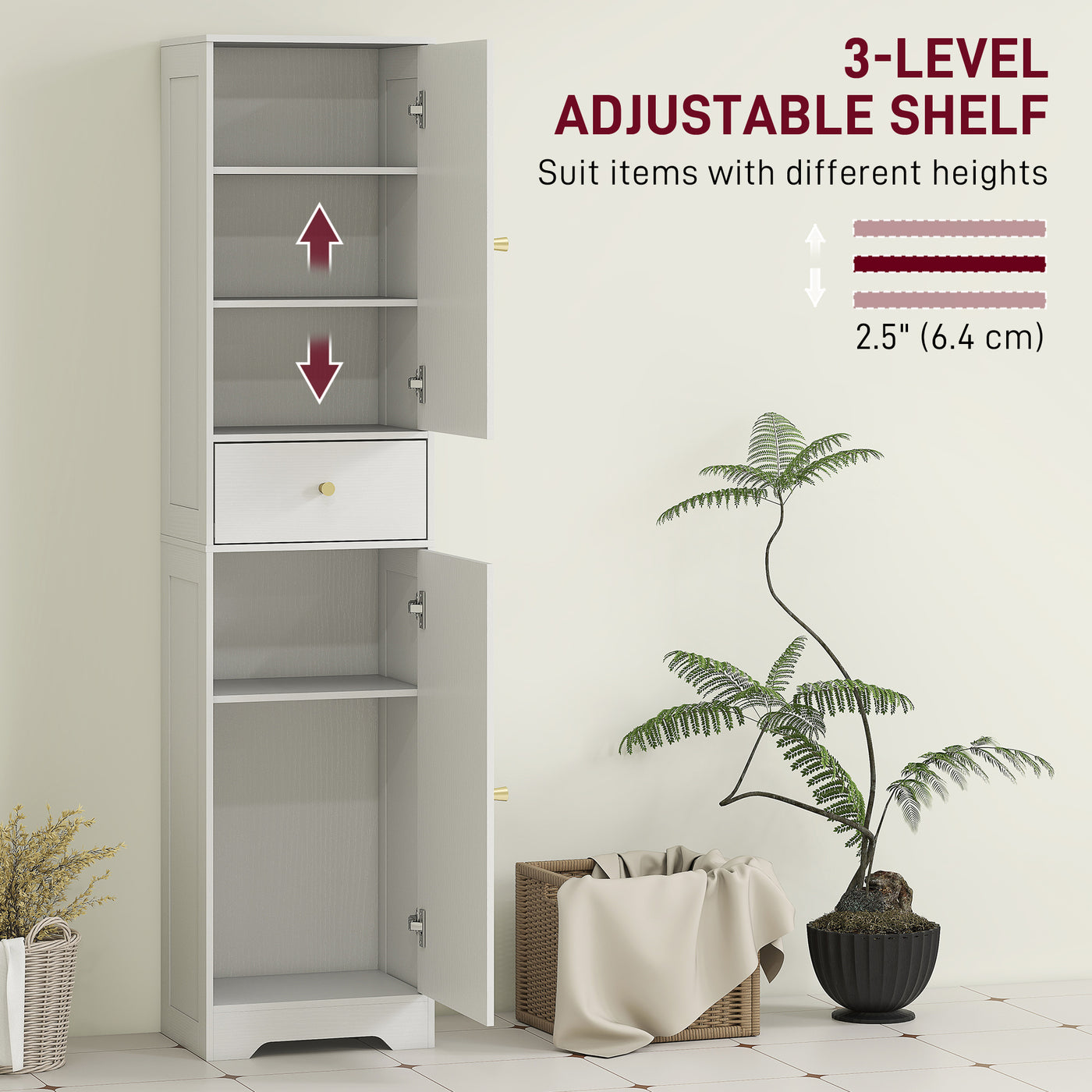 67" Tall Bathroom Cabinet, Slim Bathroom Storage Cabinet with 2 Doors, Drawer and Adjustable Shelf, White Wood Grain