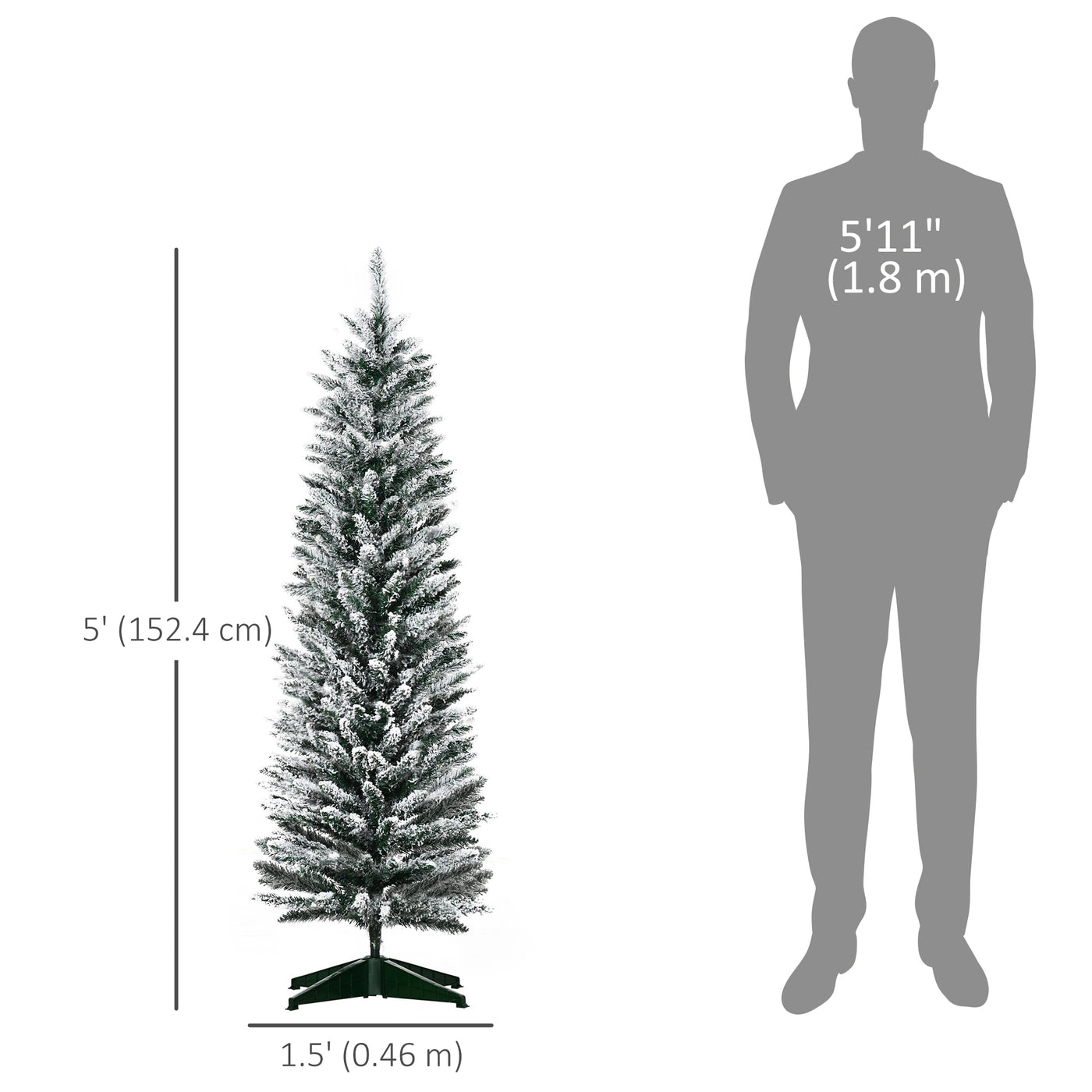 5ft Tall Pencil Artificial Christmas Tree, Holiday Décor with Snow Flocked Branches, Green