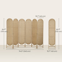 Bohemian Privacy Screen, Folding Room Divider with 6 Panels and Arched Top for Bedroom Living Room Office, Natural Wood
