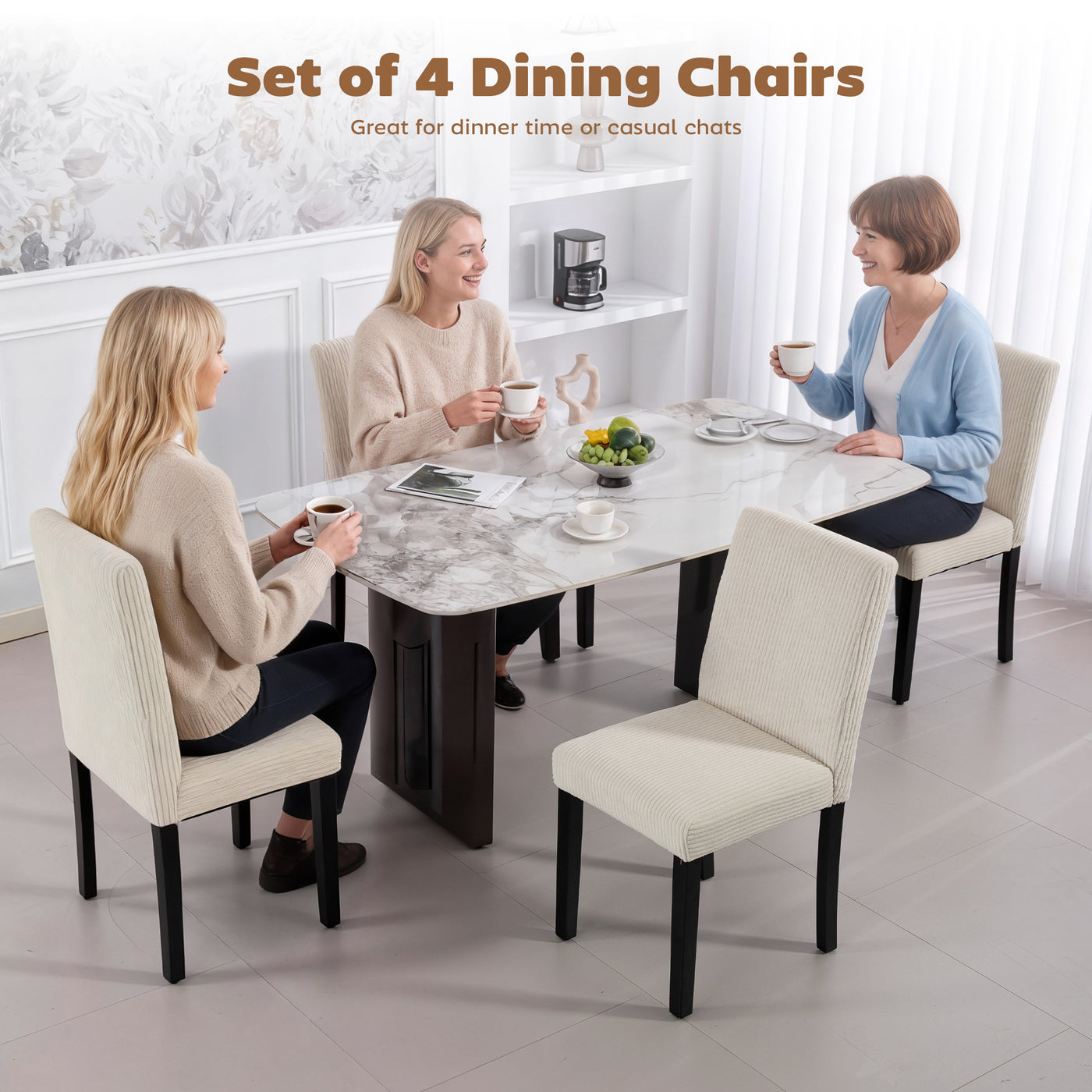 Modern Dining Chairs Set of 4, Kitchen Chairs with Rubberwood Legs and Padded Seat, Beige