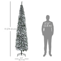 9ft Flocked Christmas Tree, Pencil Christmas Tree with Realistic Branch Tips, Folding Metal Stand, Green
